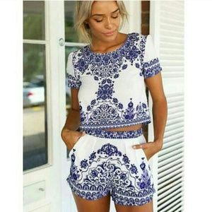 Blue and White Crop and Short Matching Set